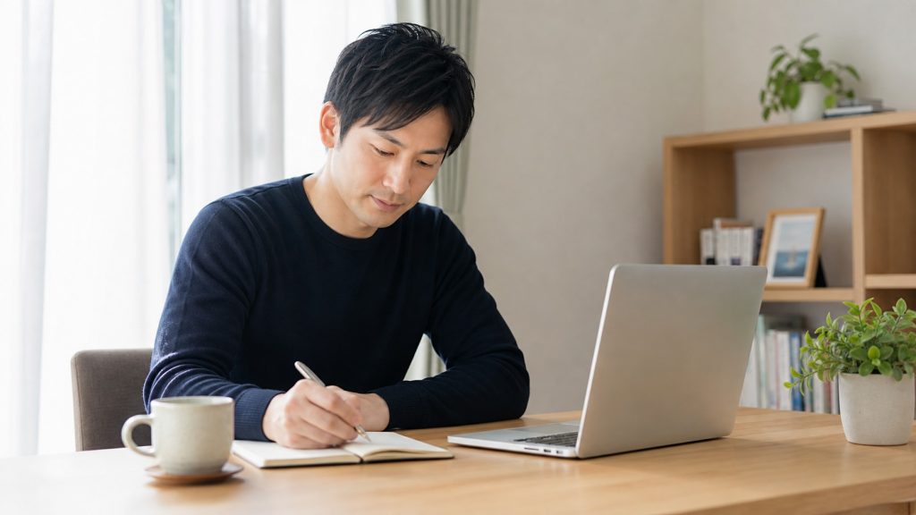 仕事の困りごとをノートに整理する日本人の大人のイメージ