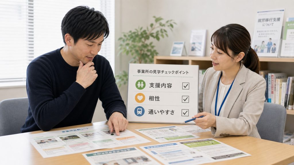 就労移行支援事業所の見学で支援内容と相性を確認する日本人の大人と支援者