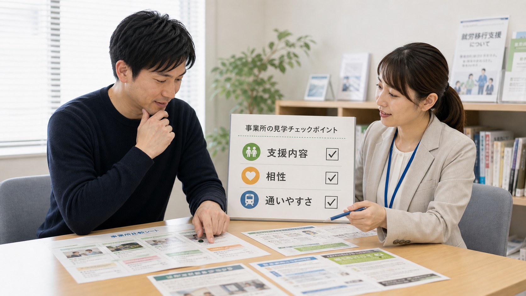 就労移行支援事業所の見学で支援内容と相性を確認する日本人の大人と支援者