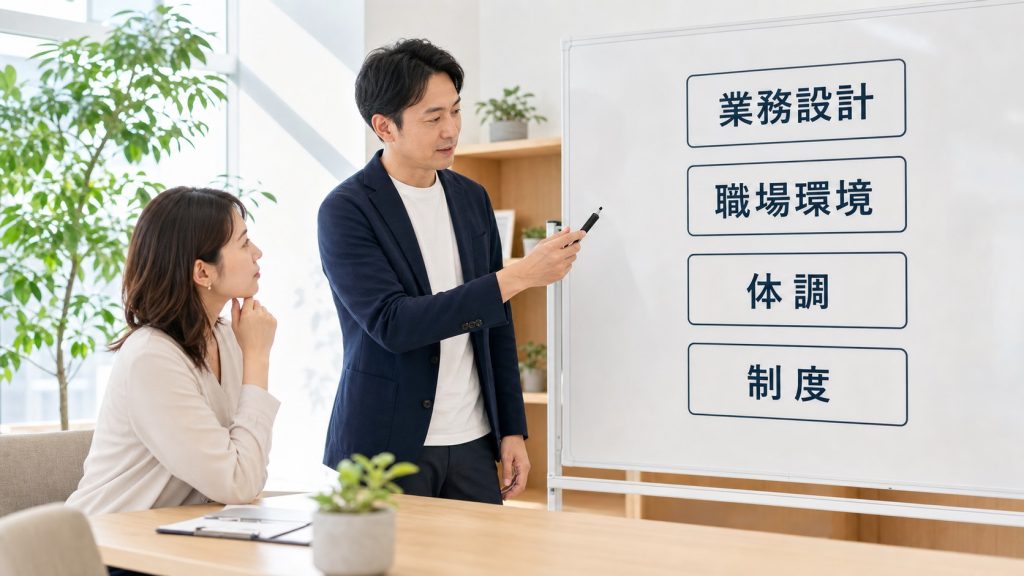 相談室で仕事が続かない原因を4分類で整理する日本人女性と支援者の写真
