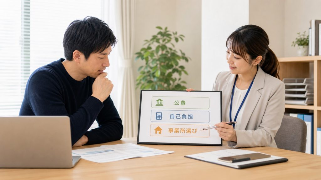 就労移行支援の公費・自己負担・事業所選びの仕組みを相談室で確認する日本人の大人