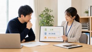 就労移行支援の公費・自己負担・事業所選びの仕組みを相談室で確認する日本人の大人