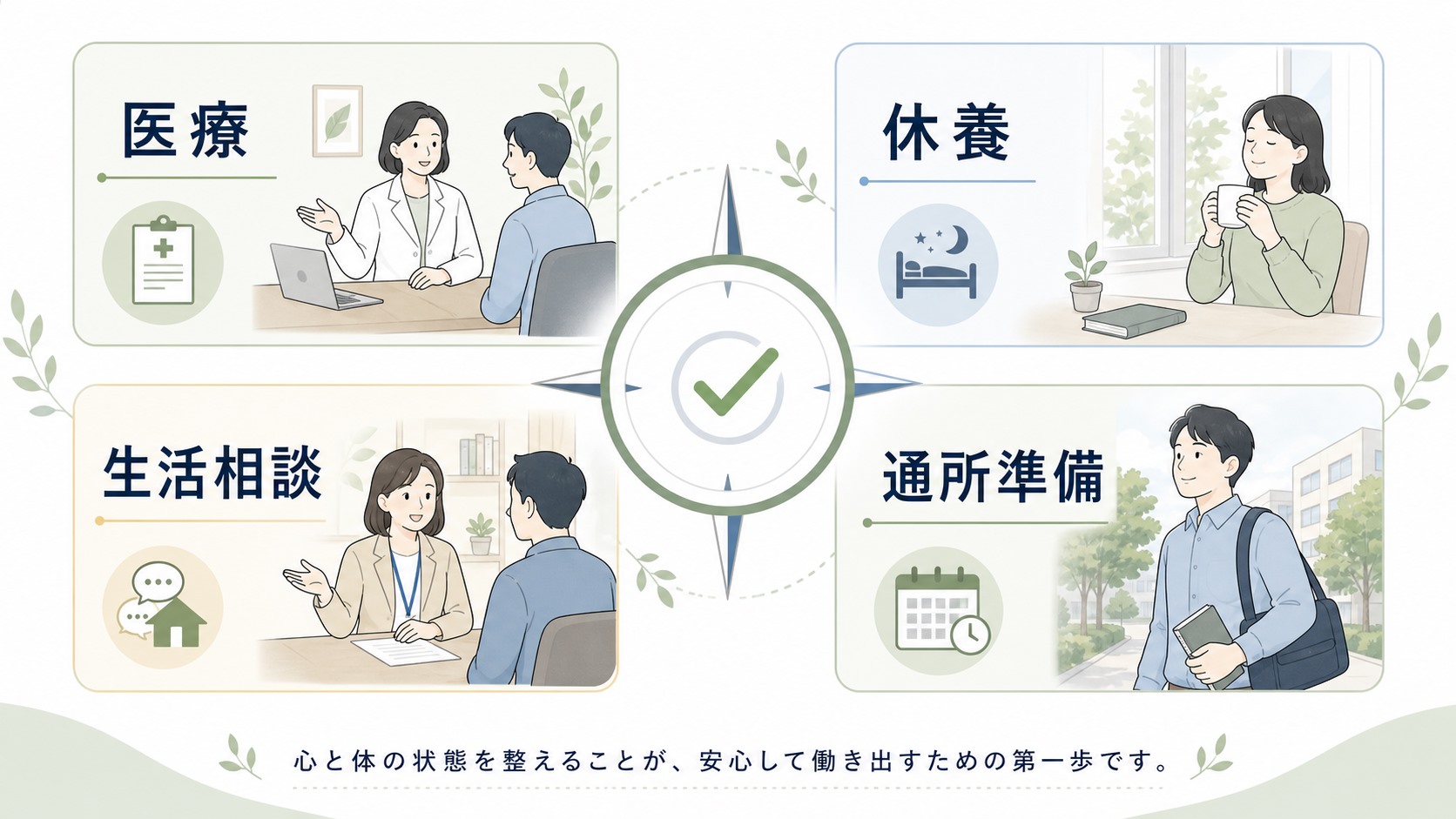 就労移行支援の前に医療・休養・生活相談を確認する状態の図