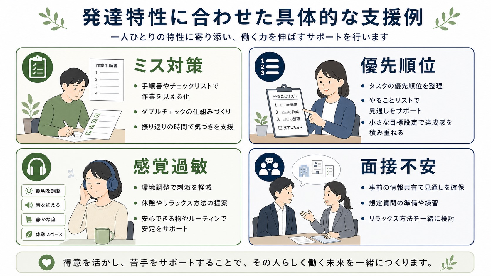 発達障害やグレーゾーンの困りごとに対する具体的支援例を確認する図