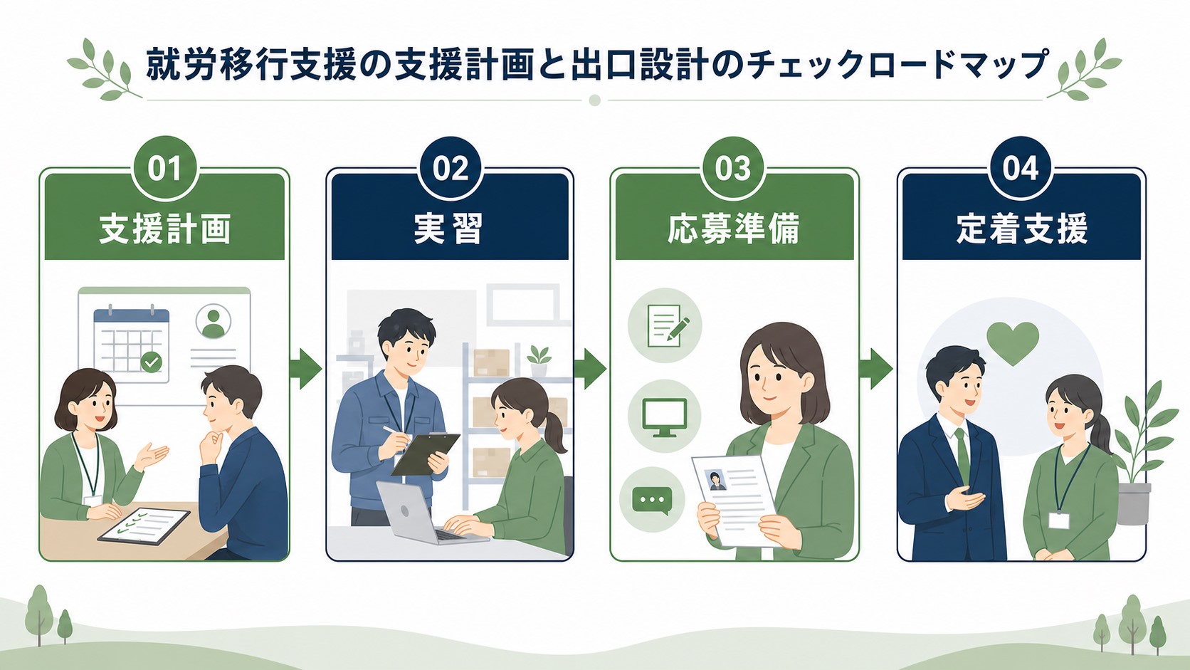就労移行支援で長く通う不安を支援計画・実習・就職準備・定着支援に分けて確認する図