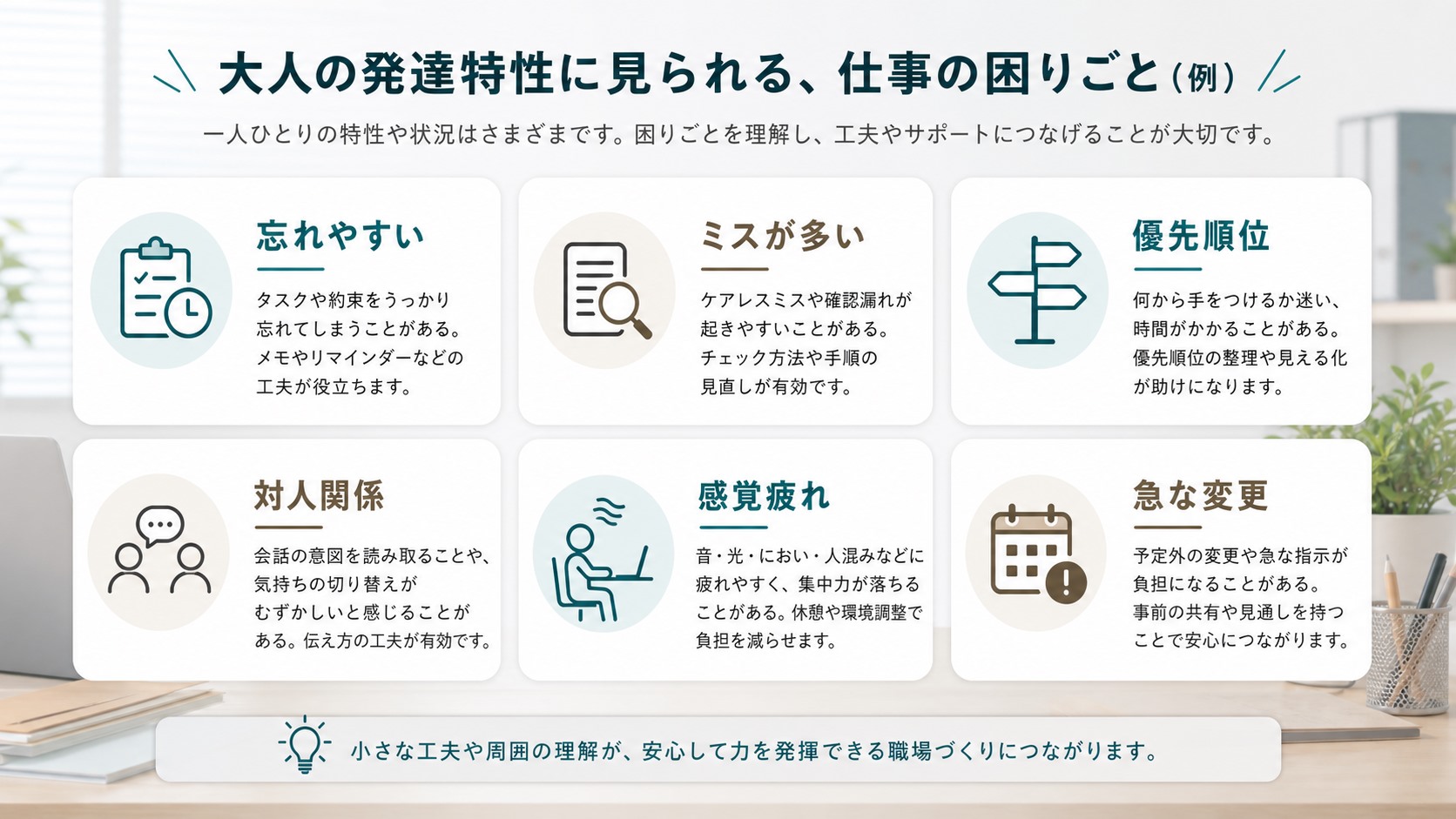 忘れやすさやミスなど仕事で出やすい困りごとの一覧図