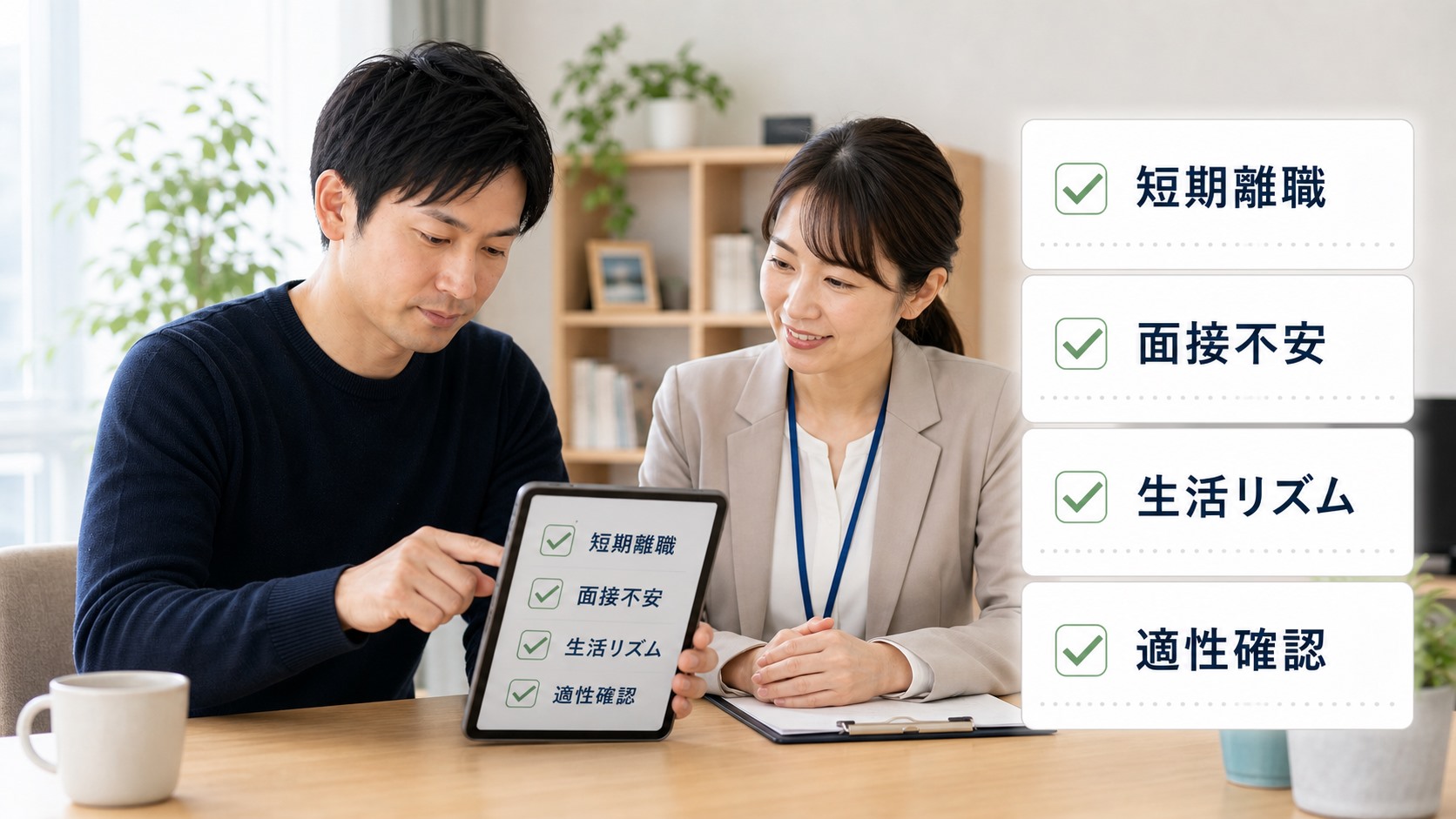 就労移行支援が向いている人の特徴を短期離職・面接不安・生活リズムで示した図