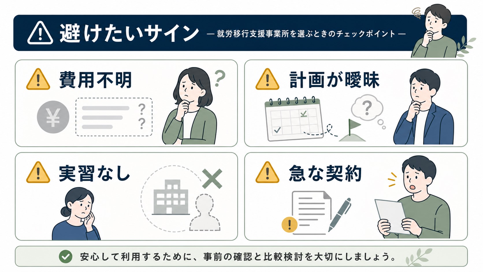 就労移行支援で避けたい事業所のサインを相談・計画・実習・費用に分けた図