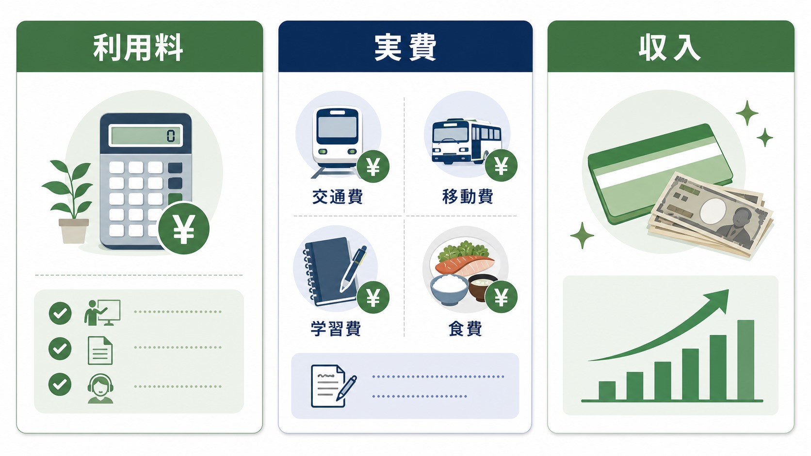 就労移行支援のお金の不安を利用料・実費・収入に分けて整理する図