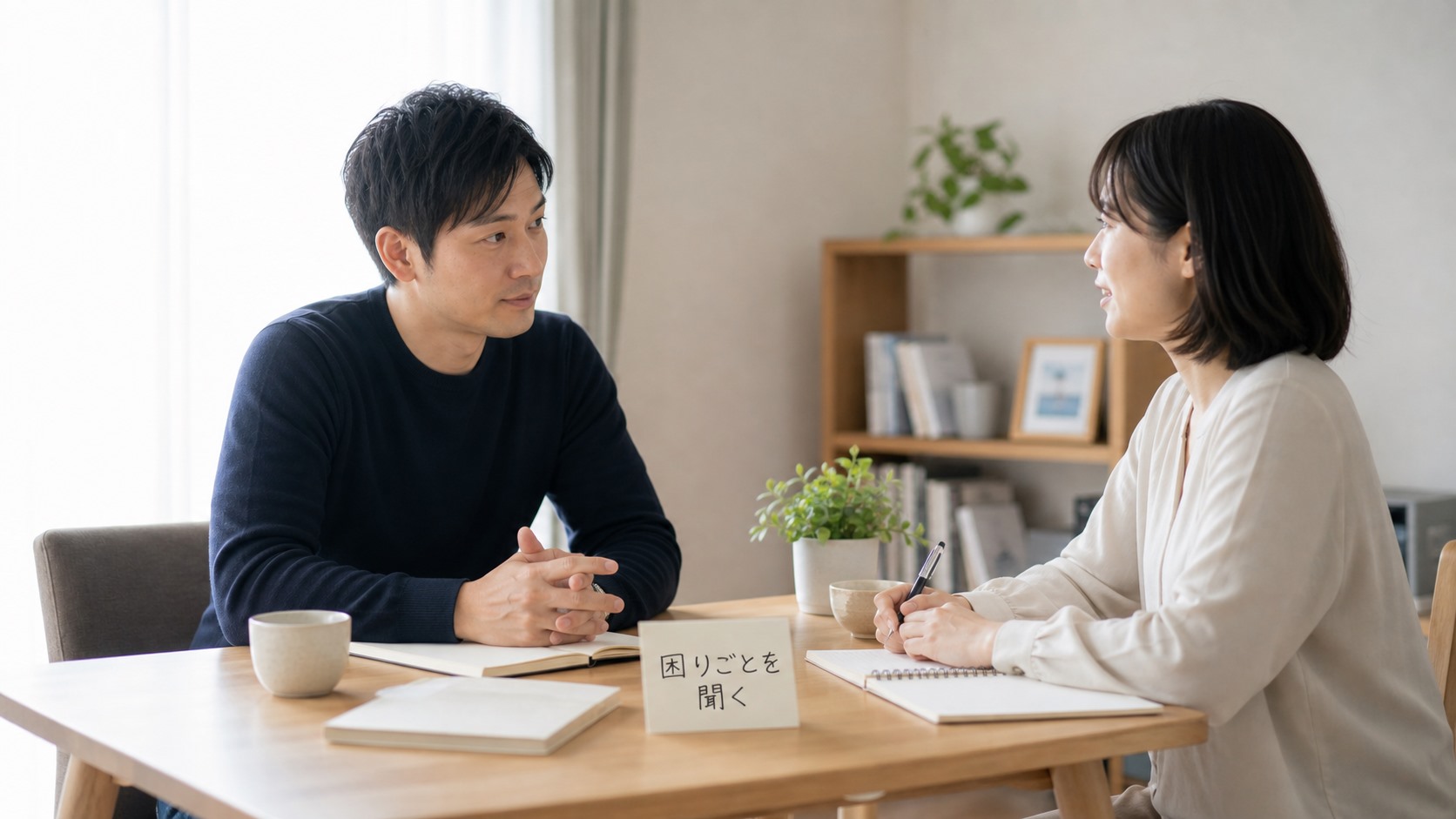 家族や同僚が困りごとを落ち着いて聞く会話のイメージ