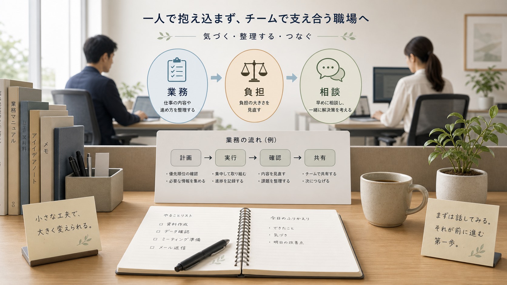 発達障害の同僚との関わり方を業務と負担と相談で整理する職場イメージ