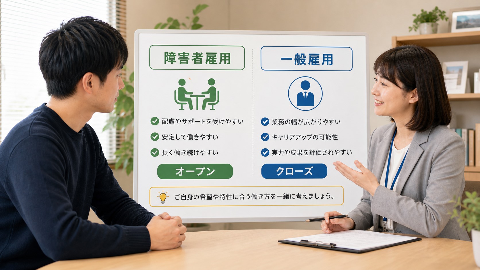 発達障害の大人が障害者雇用と一般雇用の選択肢を相談室で比較するイメージ