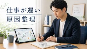 仕事が遅い悩みを原因別に整理して次の相談先を考えるイメージ