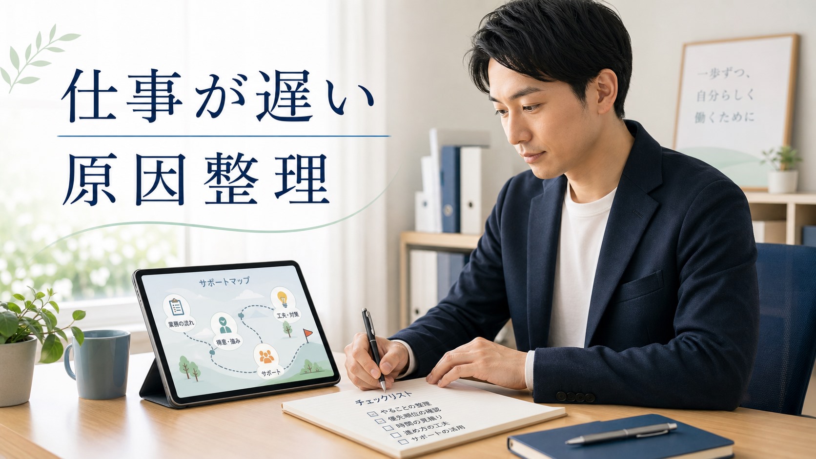 仕事が遅い悩みを原因別に整理して次の相談先を考えるイメージ