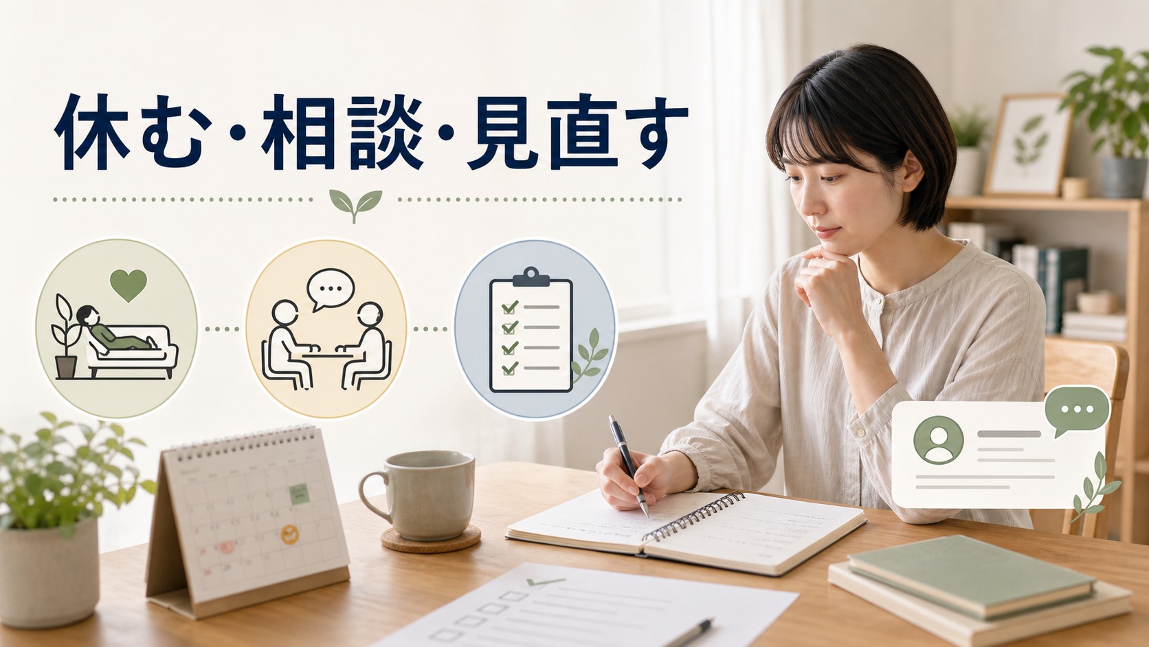 就労移行支援に行きたくない時に休むか相談するかをノートで整理するイメージ