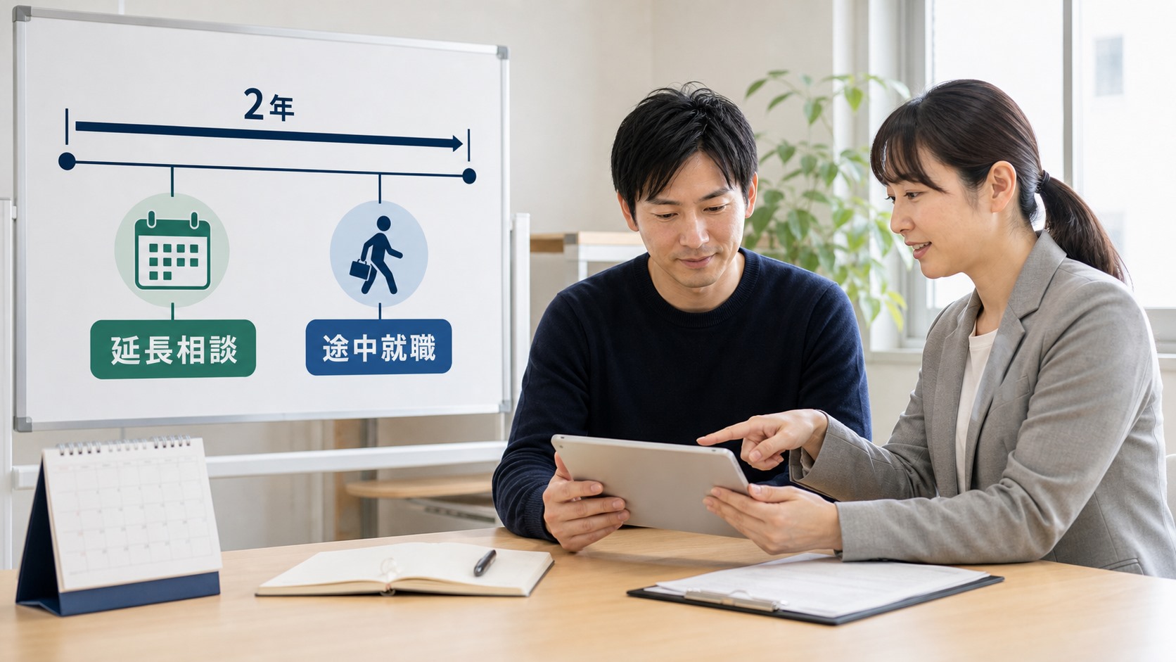 就労移行支援の2年の利用期間を相談室で確認する日本人の大人