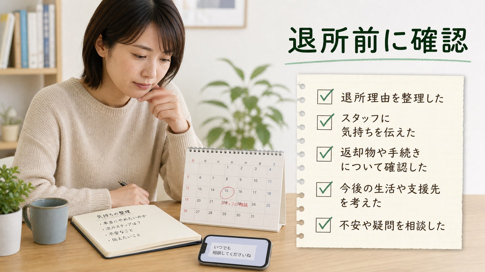 就労移行支援を辞めたい時に退所前の確認項目を整理するイメージ