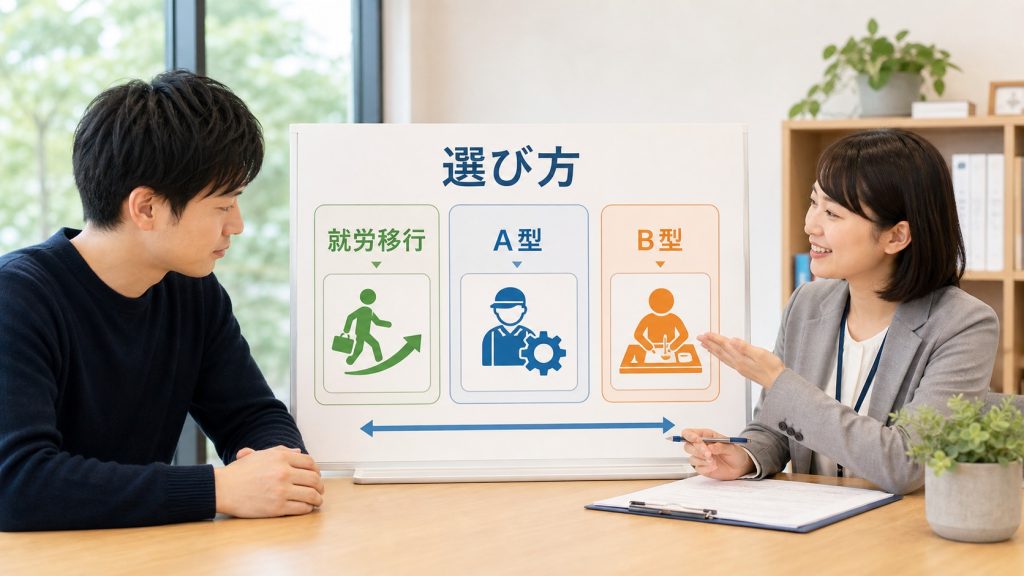 就労移行支援・A型・B型の違いを相談室で比較する日本人の大人