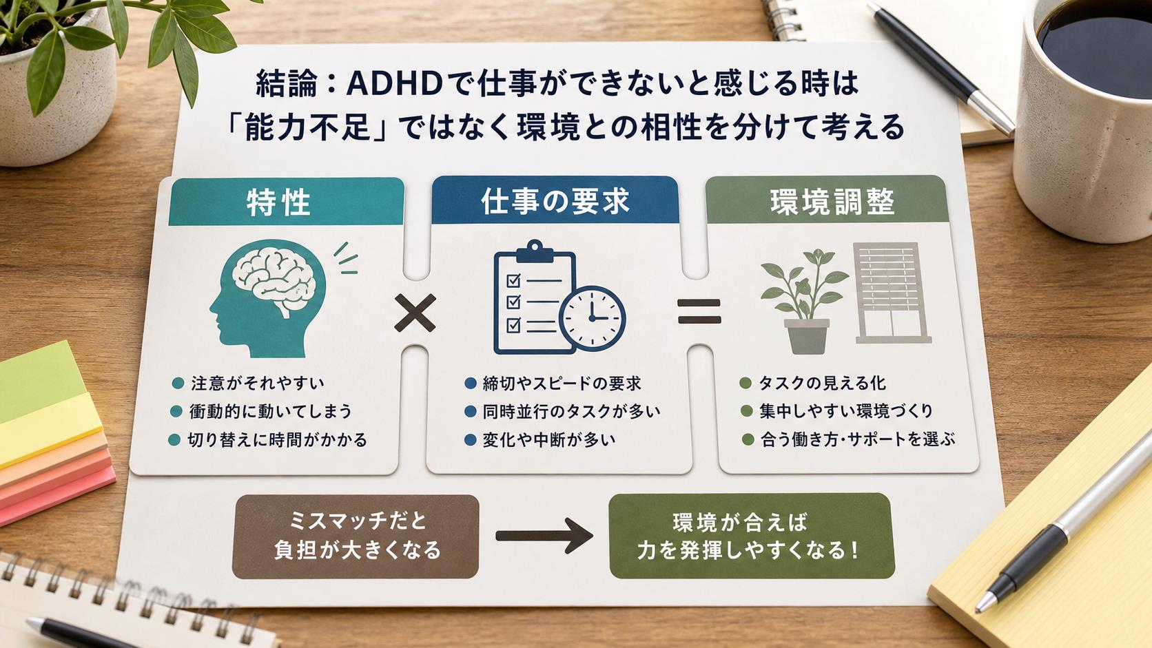 ADHDで仕事ができないと感じる時に、能力不足ではなく職場環境との相性を整理する図