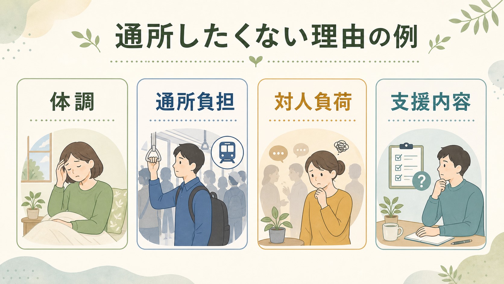 就労移行支援に行きたくない理由を体調、通所負担、対人負荷、支援内容で整理する図