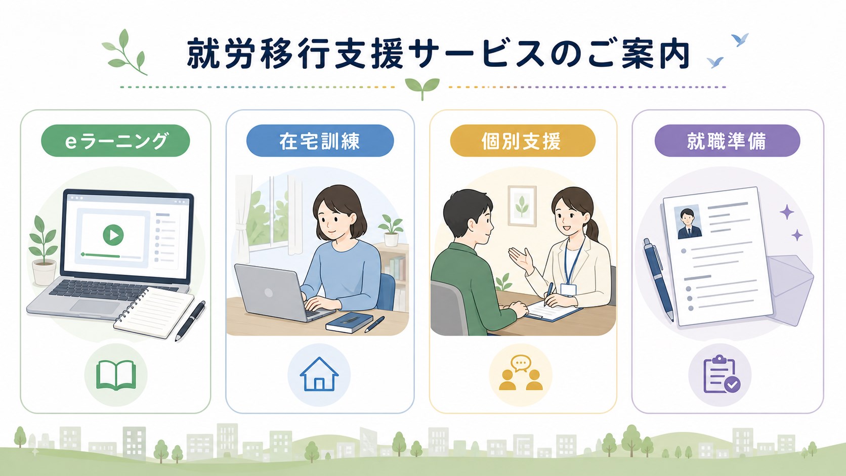 manabyのeラーニング、在宅訓練、個別支援、就職準備の特徴を整理する図