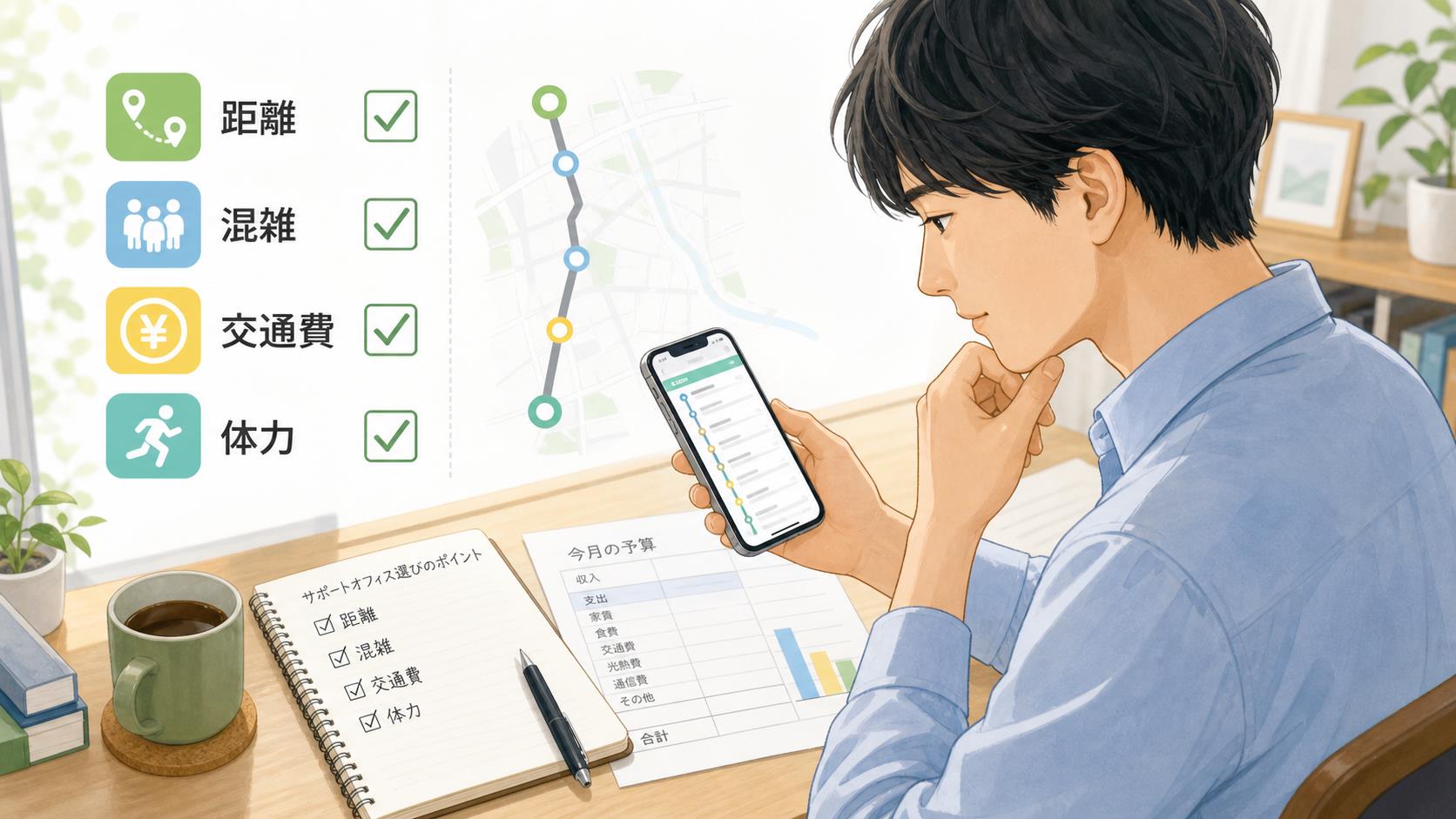 通所時間や混雑、交通費を確認する日本人成人のイラスト