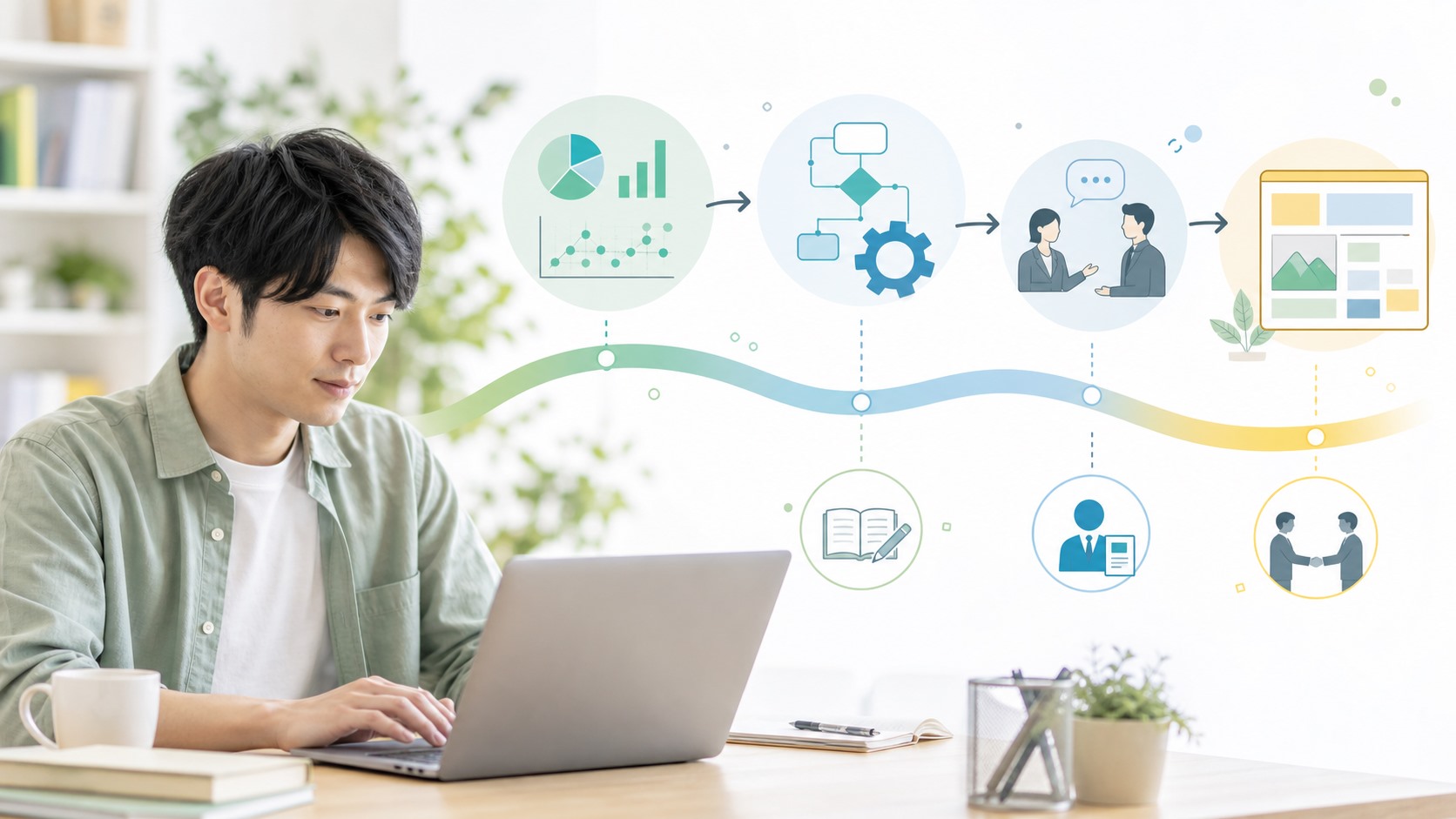 データ分析と業務効率化の学習から就職準備までを表すビジュアル