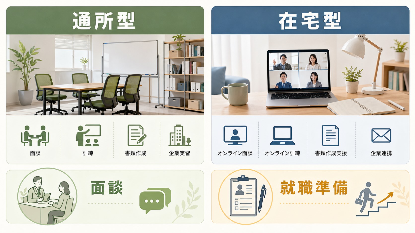 在宅で使える就労移行支援の通所型とオンライン型の違いを整理する図