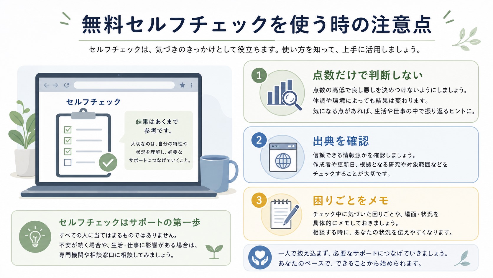 無料セルフチェックを使う時に点数だけで判断しない注意点をまとめた図