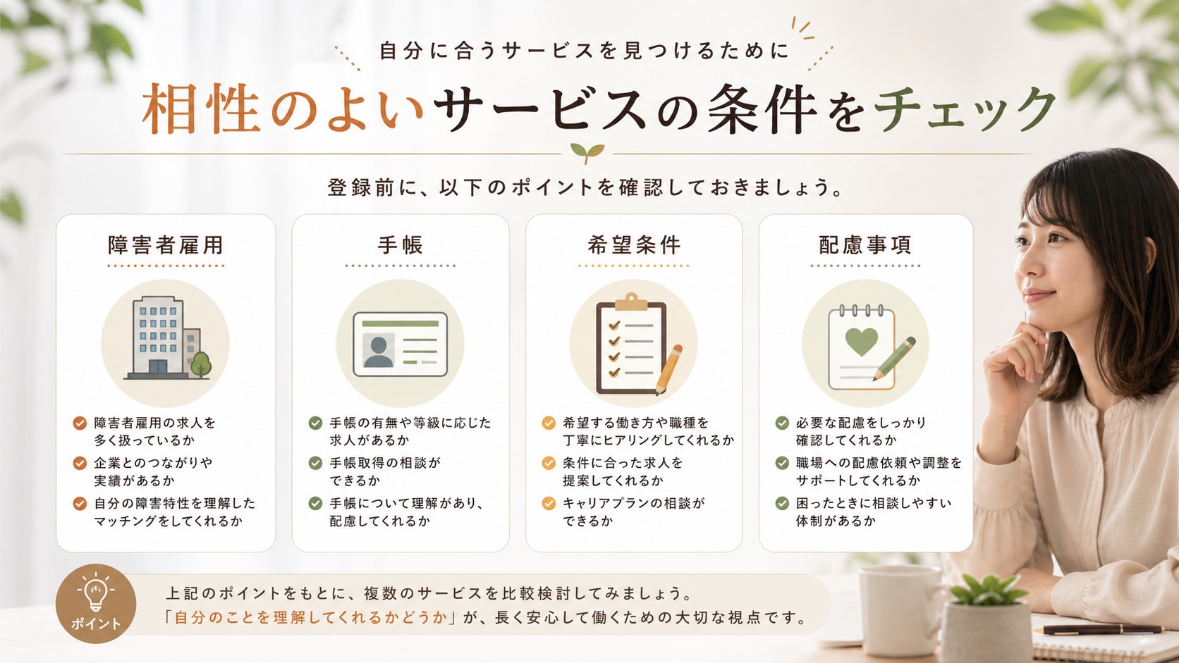 atGPが向いている人の条件を求人紹介、手帳、希望条件、配慮事項で整理する図