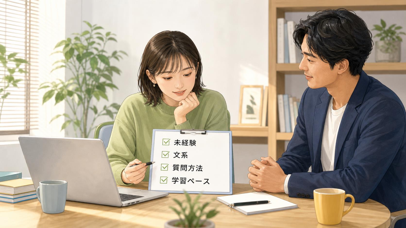 IT未経験や文系出身者が学習ペースと質問方法を確認するイラスト