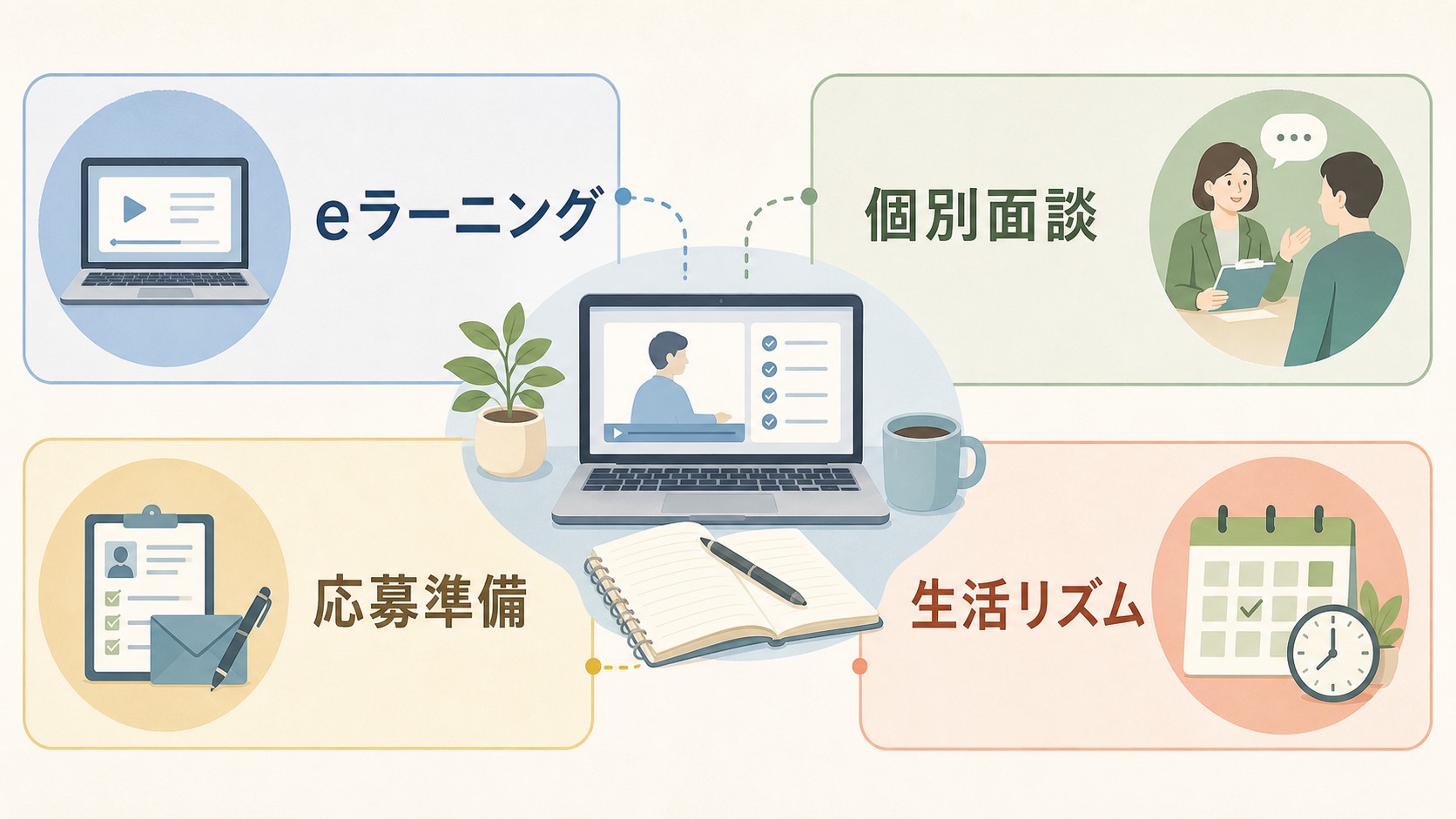 オンライン訓練で受けられるeラーニング、面談、応募準備、生活リズム支援を示す図