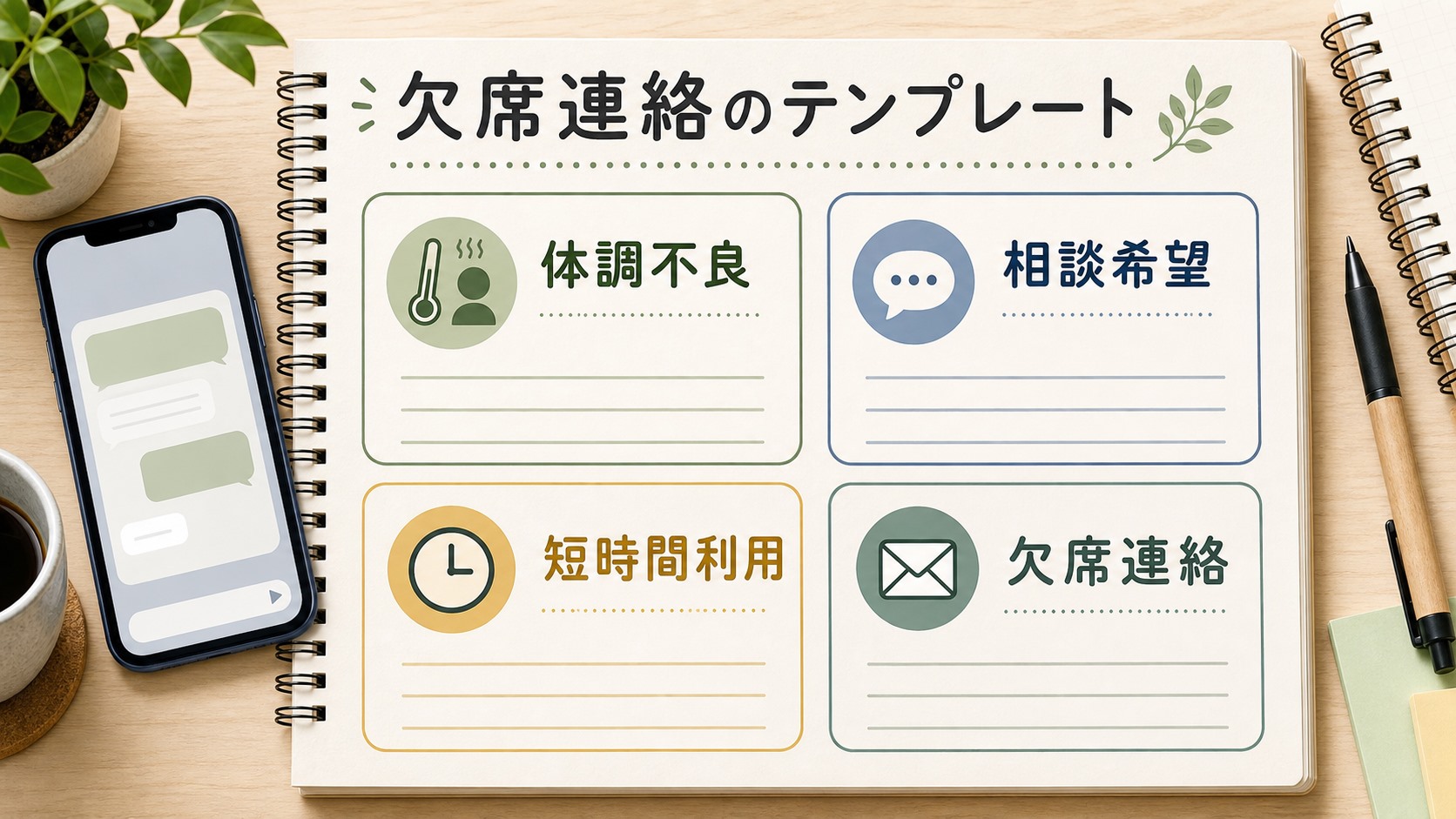就労移行支援の欠席連絡を短い例文で準備するイメージ
