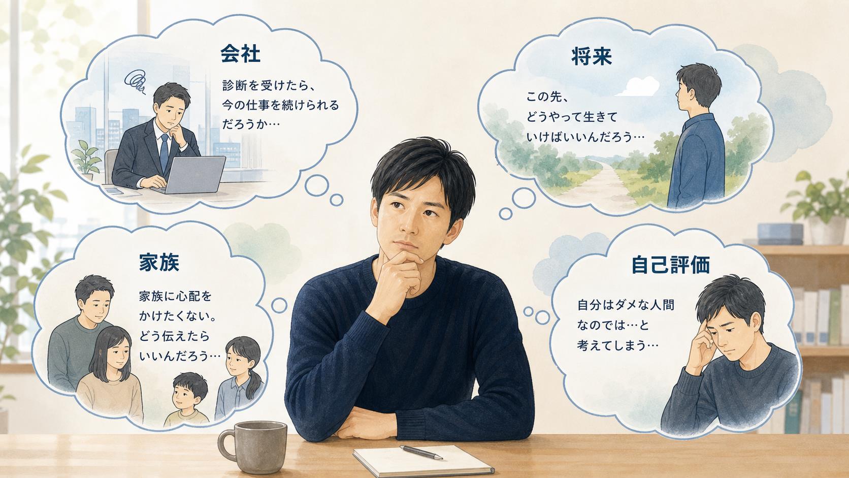 ADHD診断を避けたい不安を会社、将来、家族、自己評価で整理する図