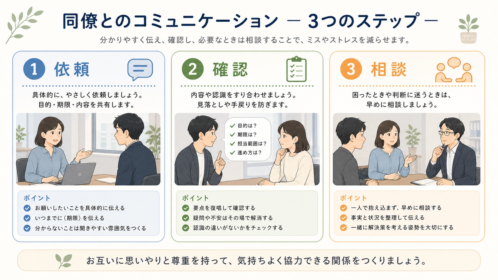 同僚としてできる依頼と確認と相談の3ステップを示す図