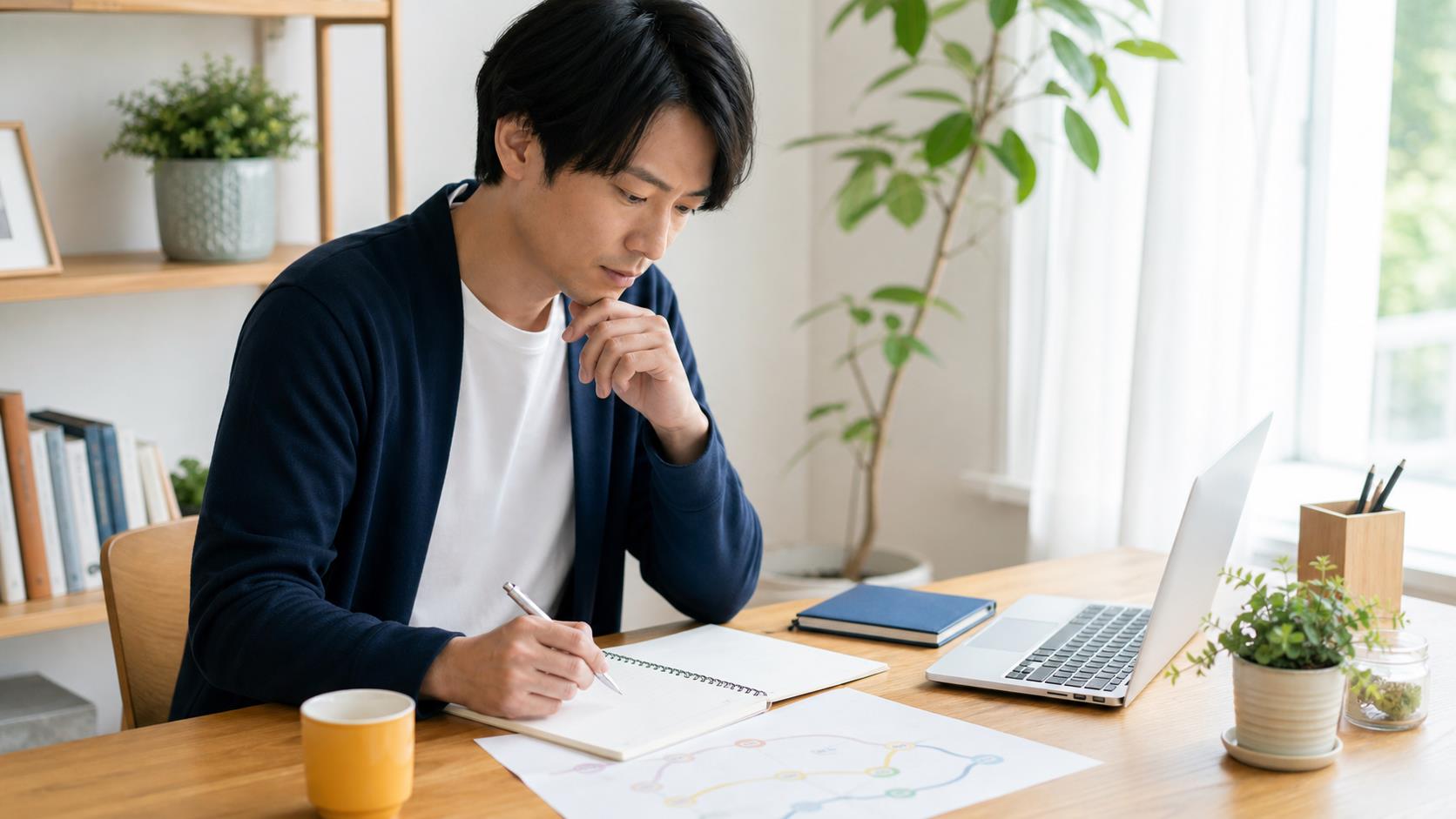 説明会前に希望職種と働き方を整理する日本人成人の写真風イメージ