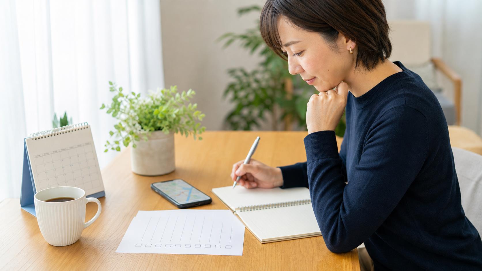 見学前に質問リストと通所ルートを整理する日本人成人の写真風イメージ