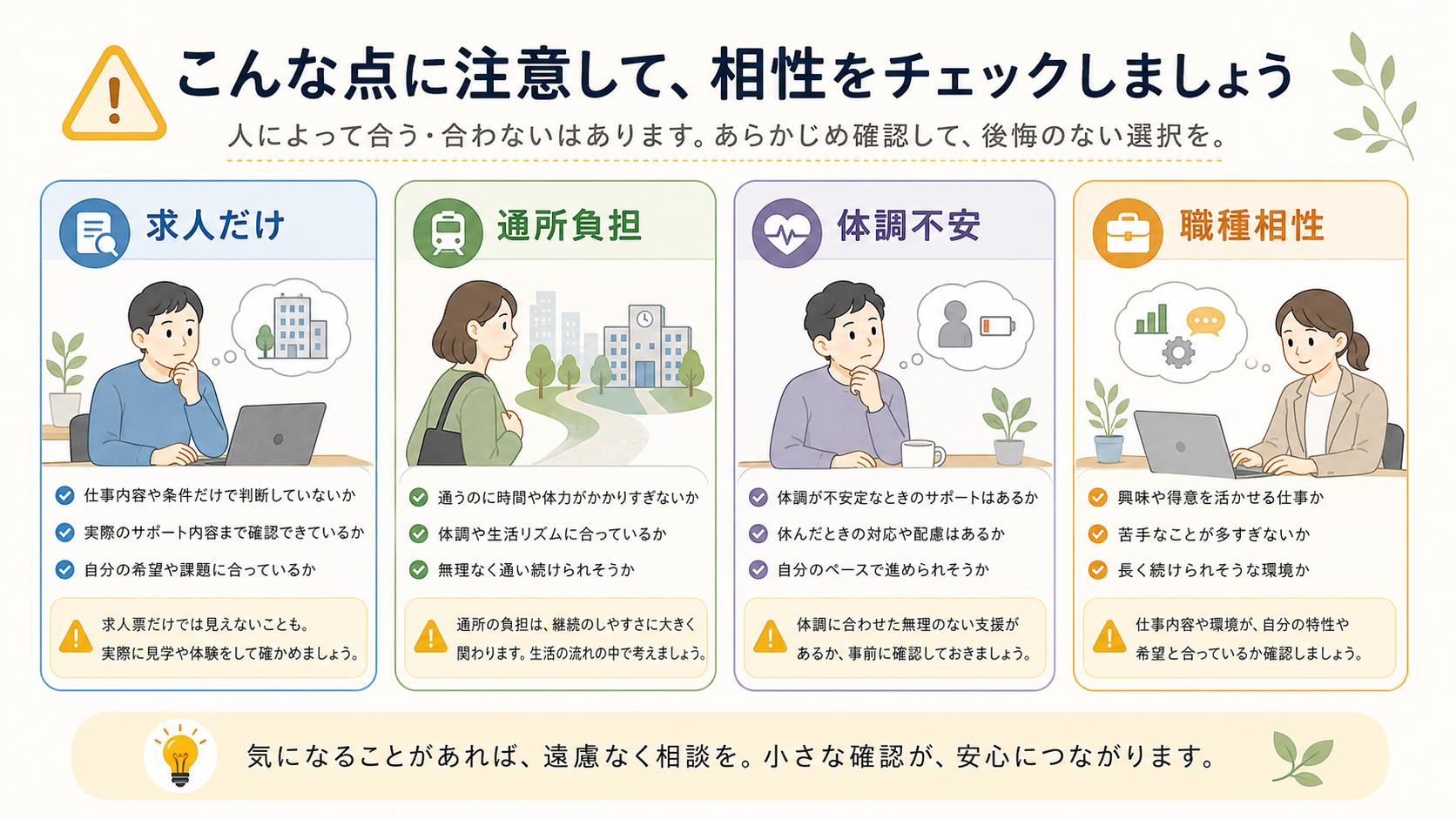 LITALICOワークスが向いていない可能性を求人紹介だけの期待、通所負担、体調不安で整理する図