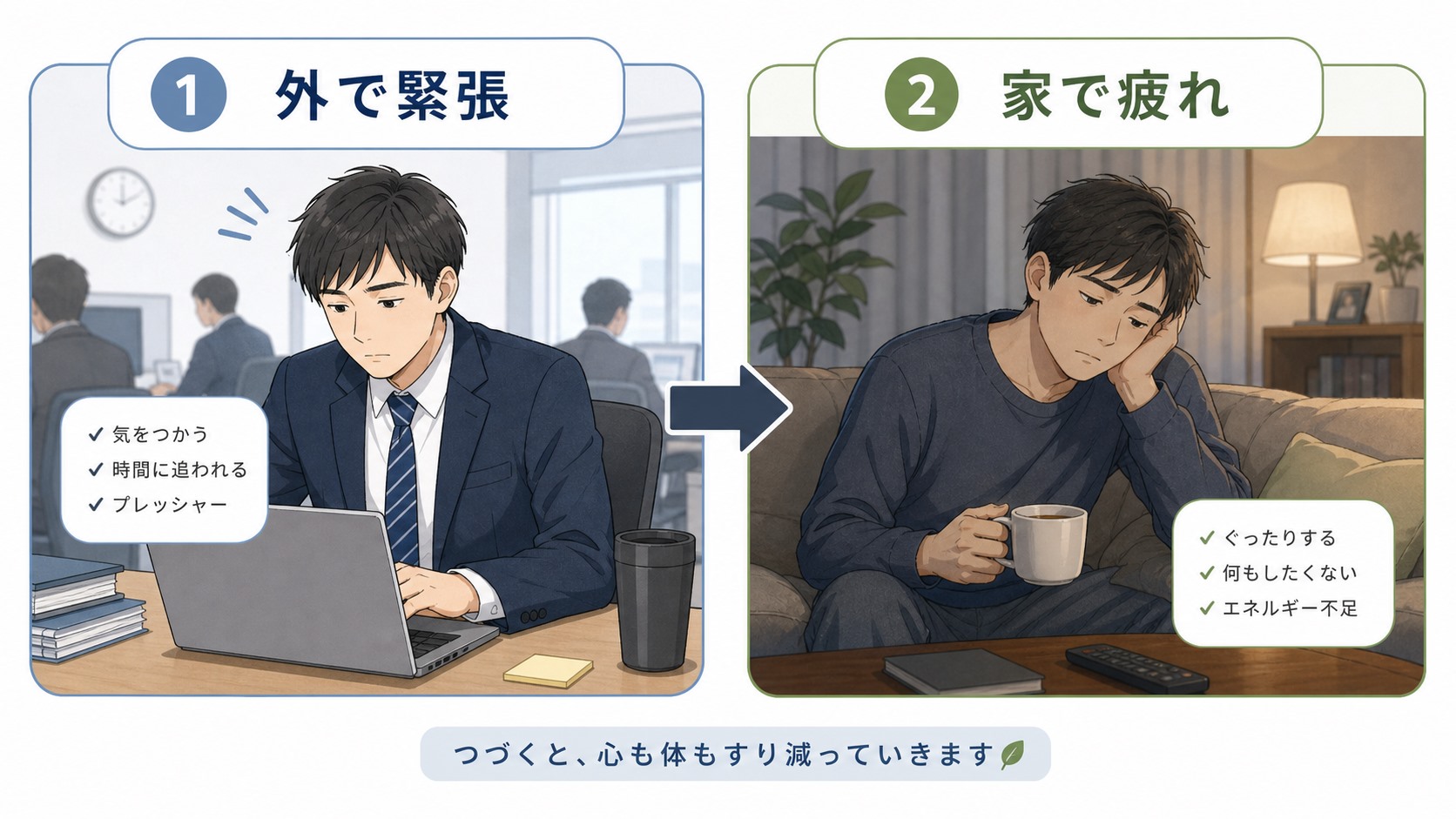 外で我慢して家で怒りが出る流れを整理する落ち着いたイラスト