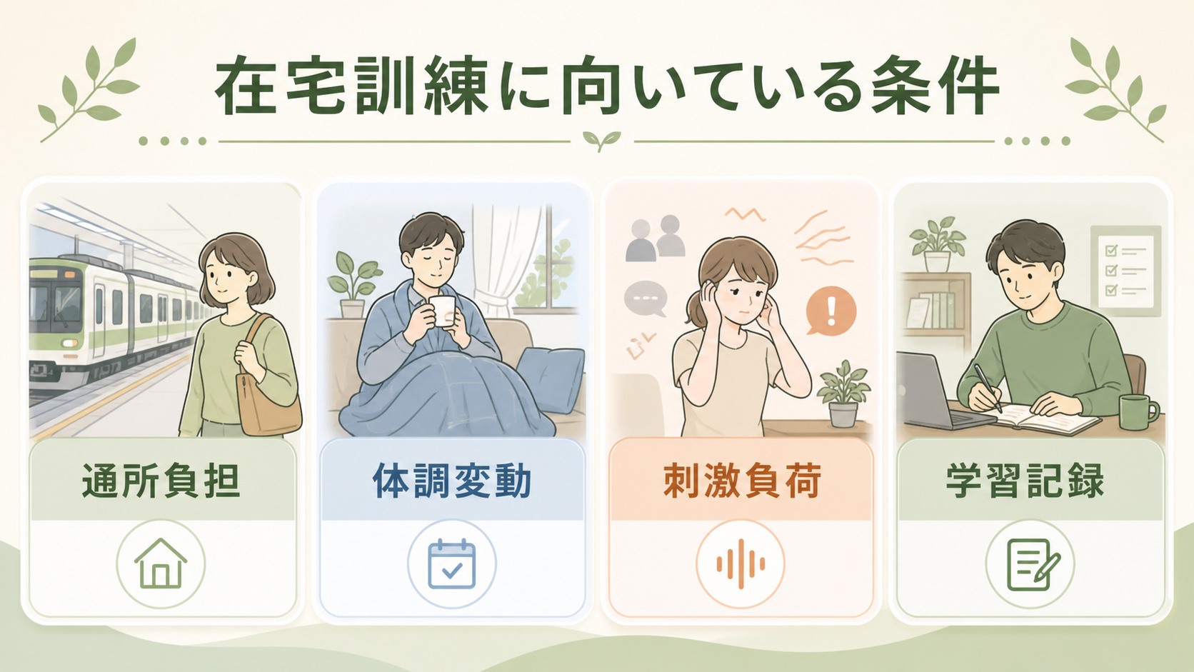 在宅訓練が向いている人を通所負担、体調変動、刺激負荷、学習記録で整理する図