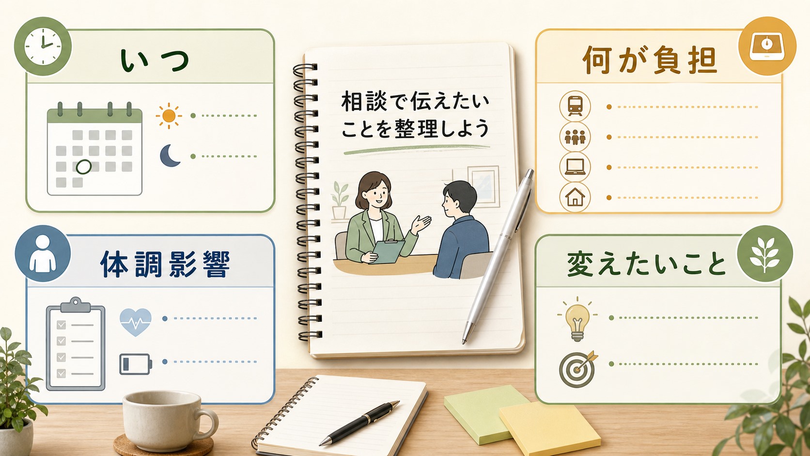 支援員に相談する内容を時間、場所、負担、変えたいことに分ける図