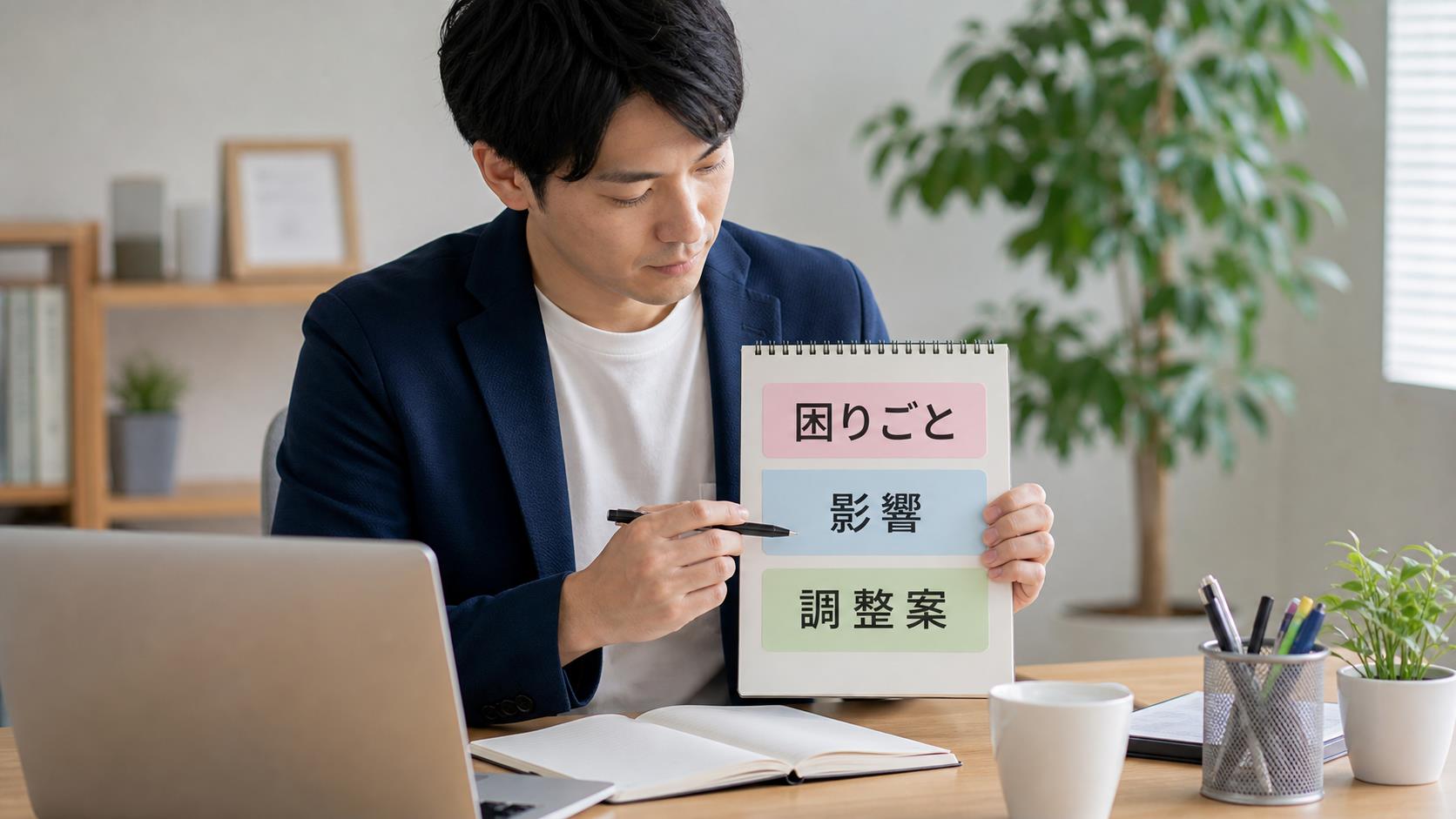 困りごと・仕事への影響・お願いしたい調整を整理して職場に相談するイメージ