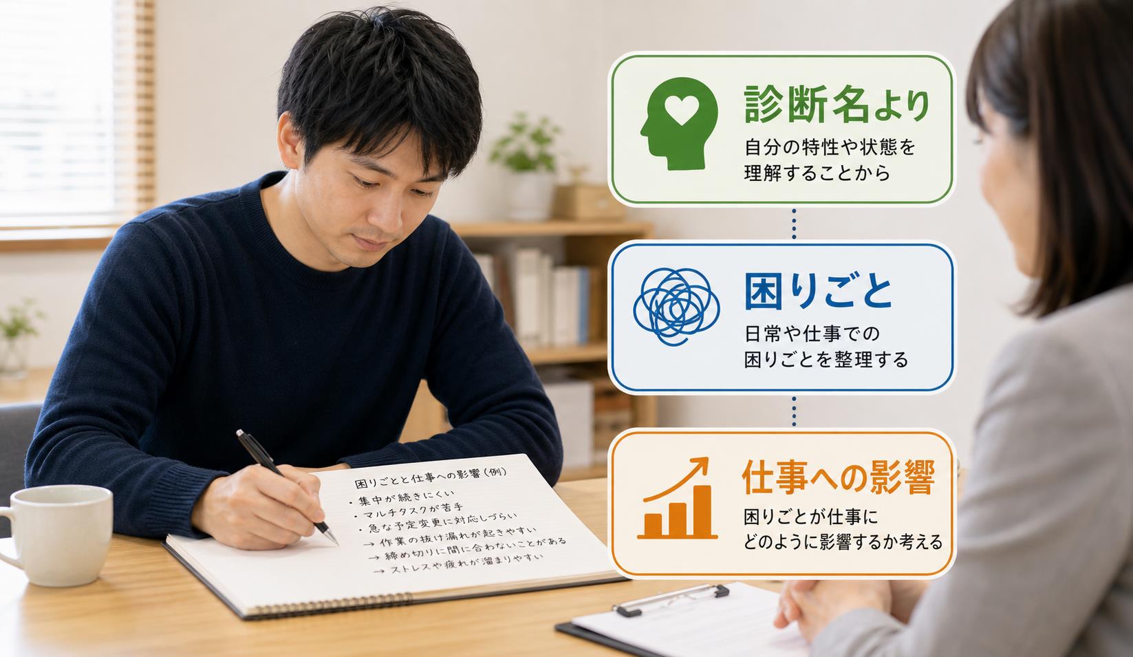 グレーゾーンや診断前の人が診断名ではなく仕事上の困りごとを伝える図