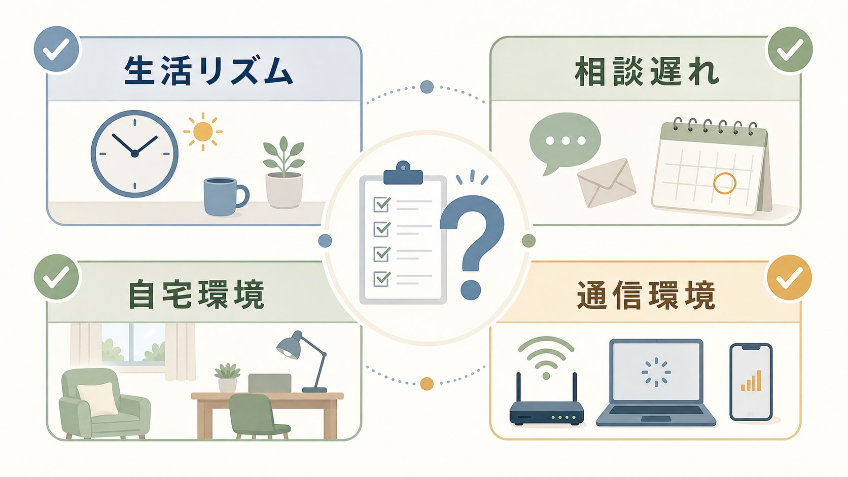 在宅訓練が合わない可能性を生活リズム、相談遅れ、自宅環境、通信環境で確認する図