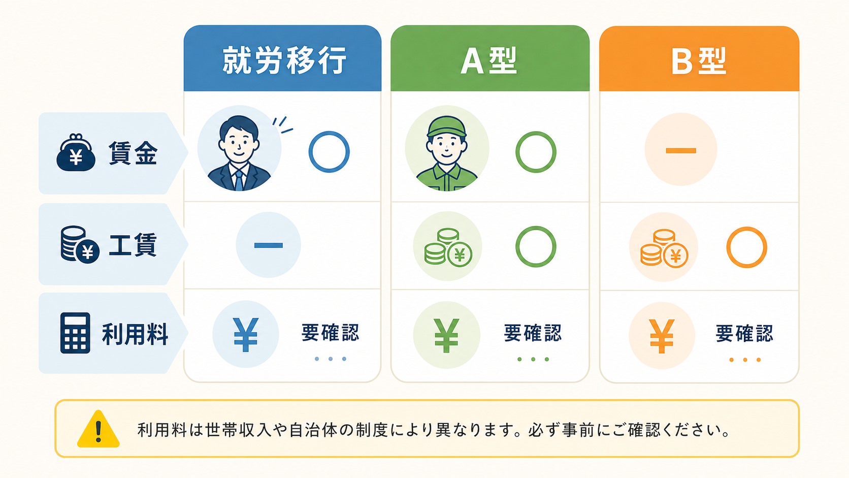 就労移行支援・A型・B型の賃金、工賃、利用料を比較する図