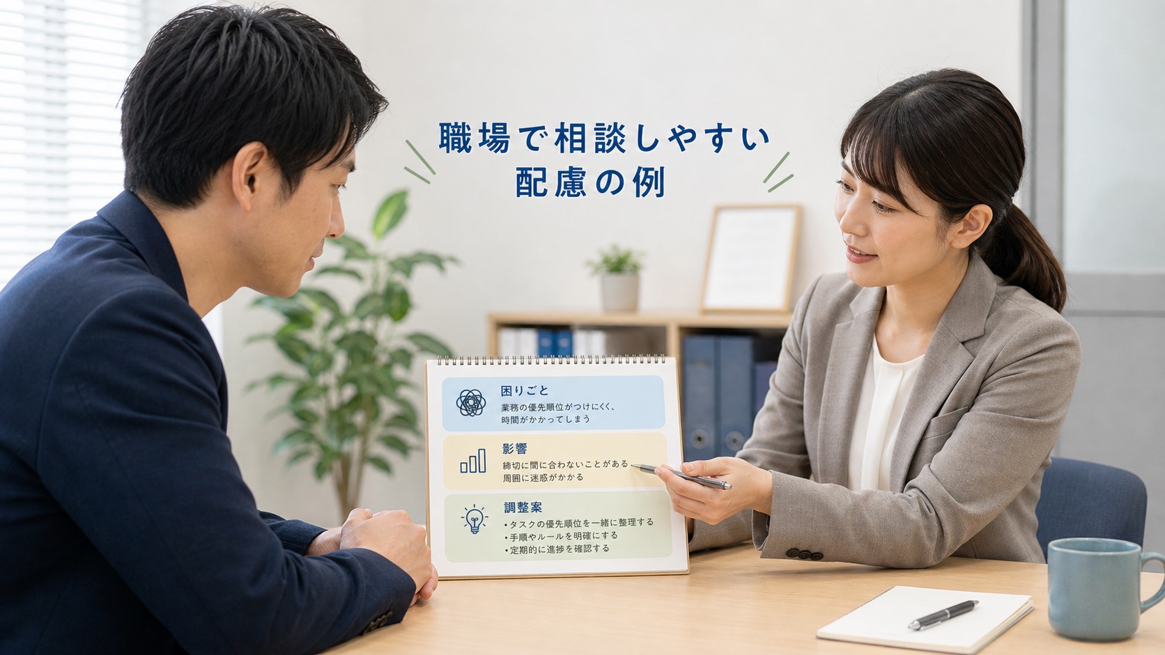 仕事が遅い悩みを困りごと・影響・調整案に分けて職場へ相談するイメージ