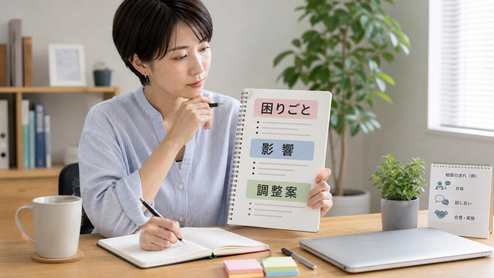 困りごと・仕事への影響・調整案を整理して職場で配慮を相談するイメージ