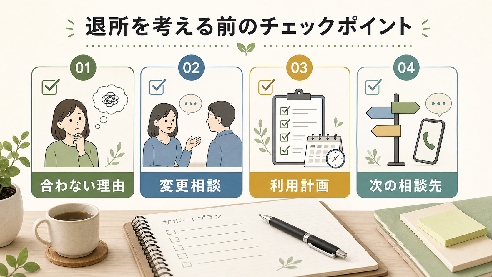 就労移行支援を辞めたい時に退所前の確認項目を整理する図