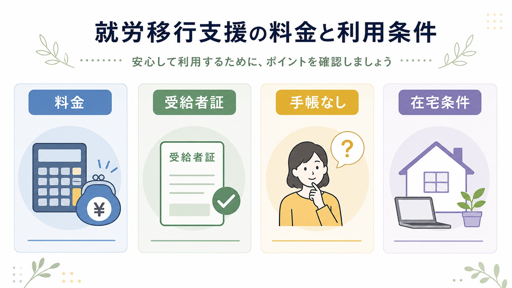 manaby利用前に料金、受給者証、手帳なし、在宅訓練条件を確認する図