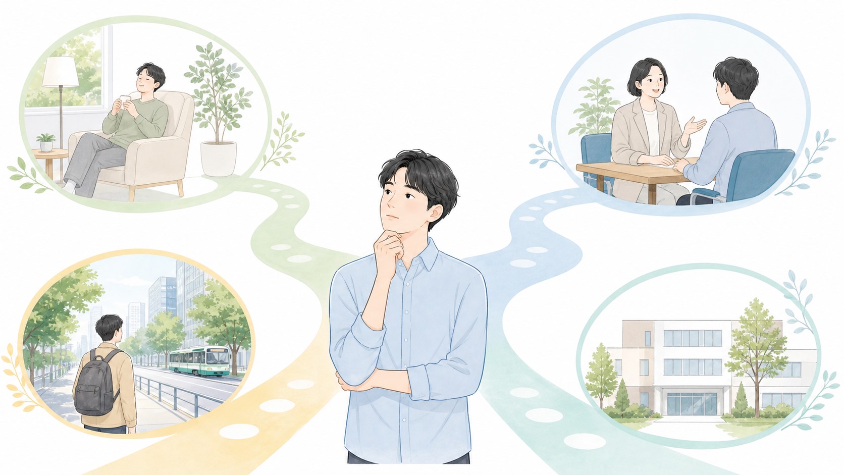 休息、相談、通所条件の確認など別の支援も検討する分岐のイラスト